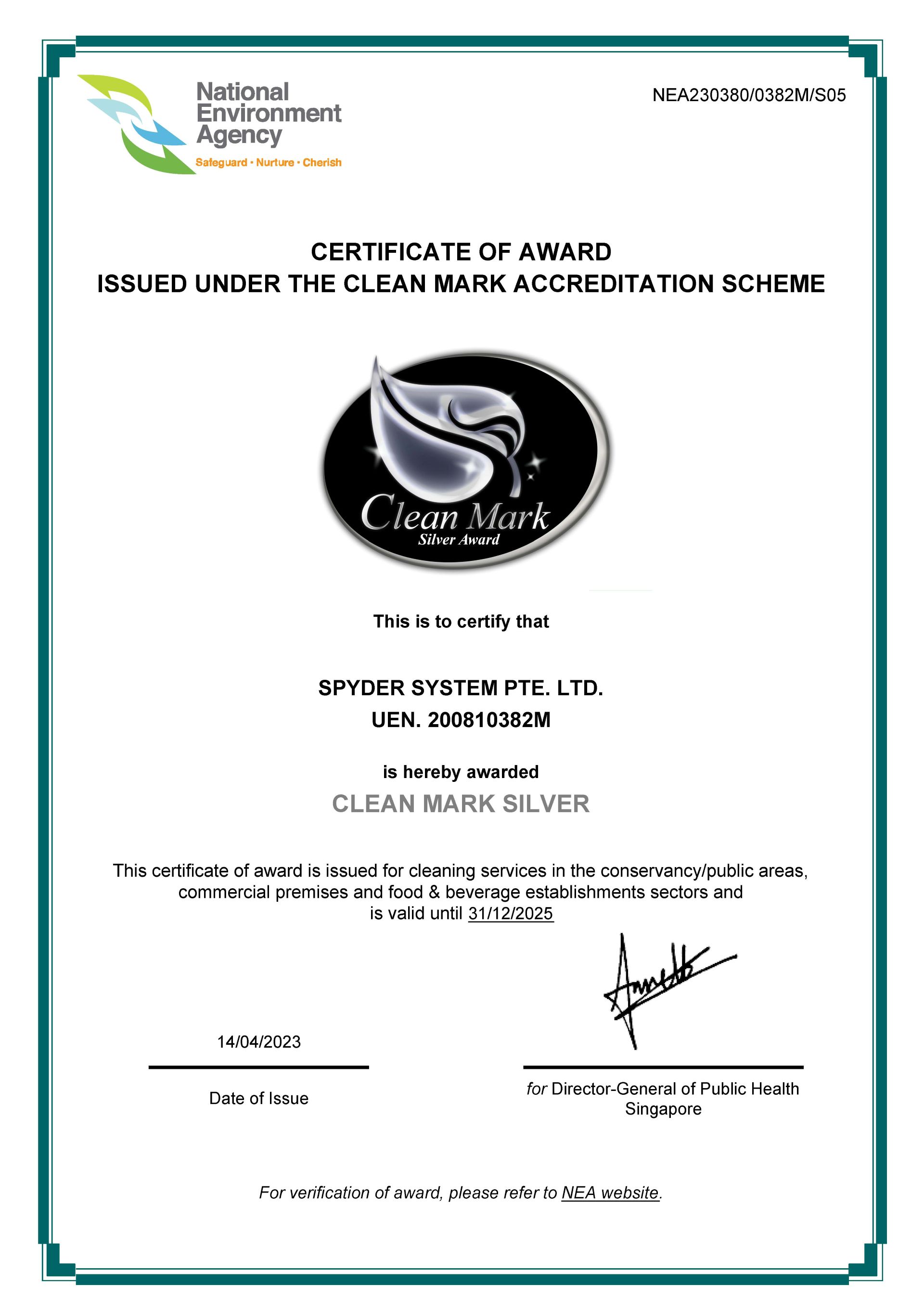 Spyder System Silver Clean Mark previously awarded