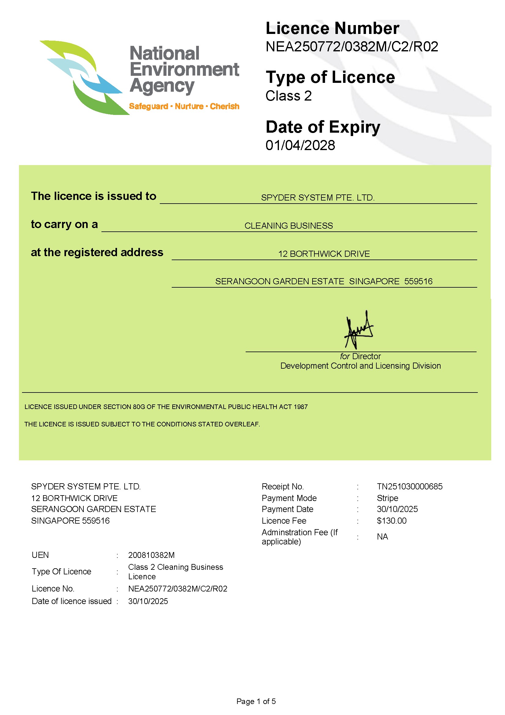 Spyder System NEA Class 2 Cleaning Business Licence