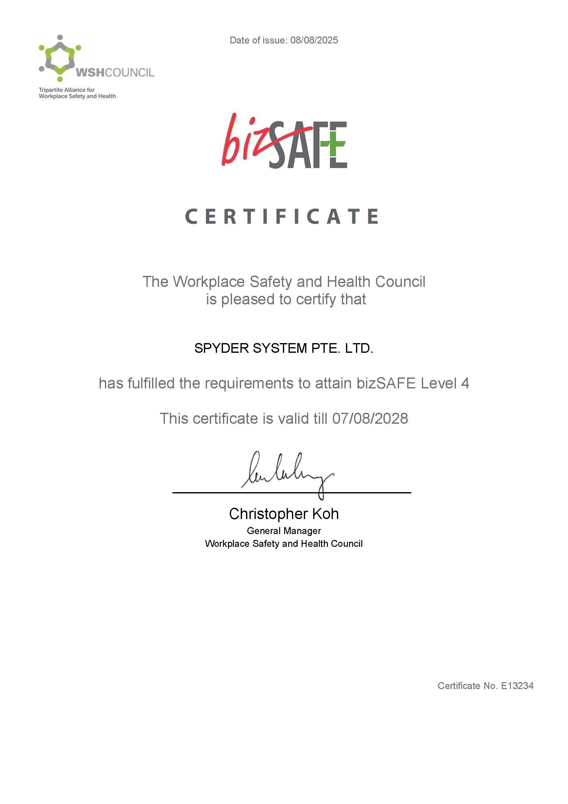 Spyder System bizSAFE Level 4 Certificate