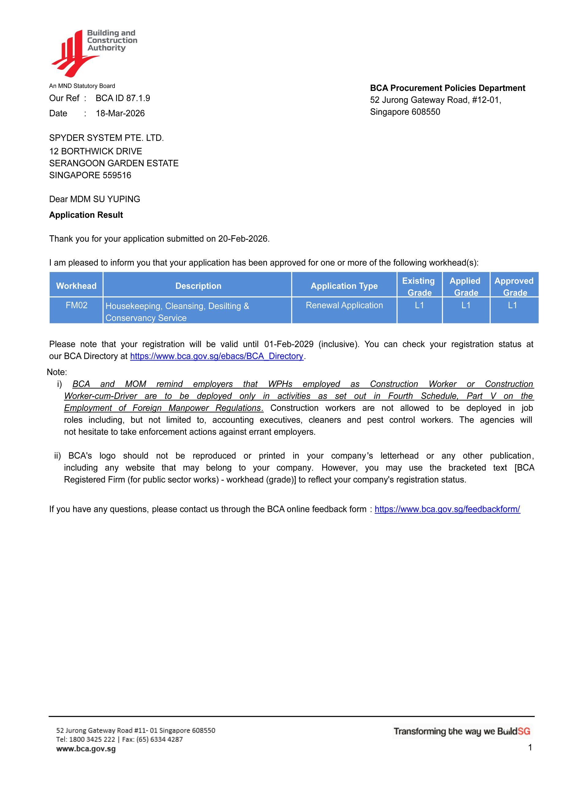 Spyder System BCA FM02 Registration