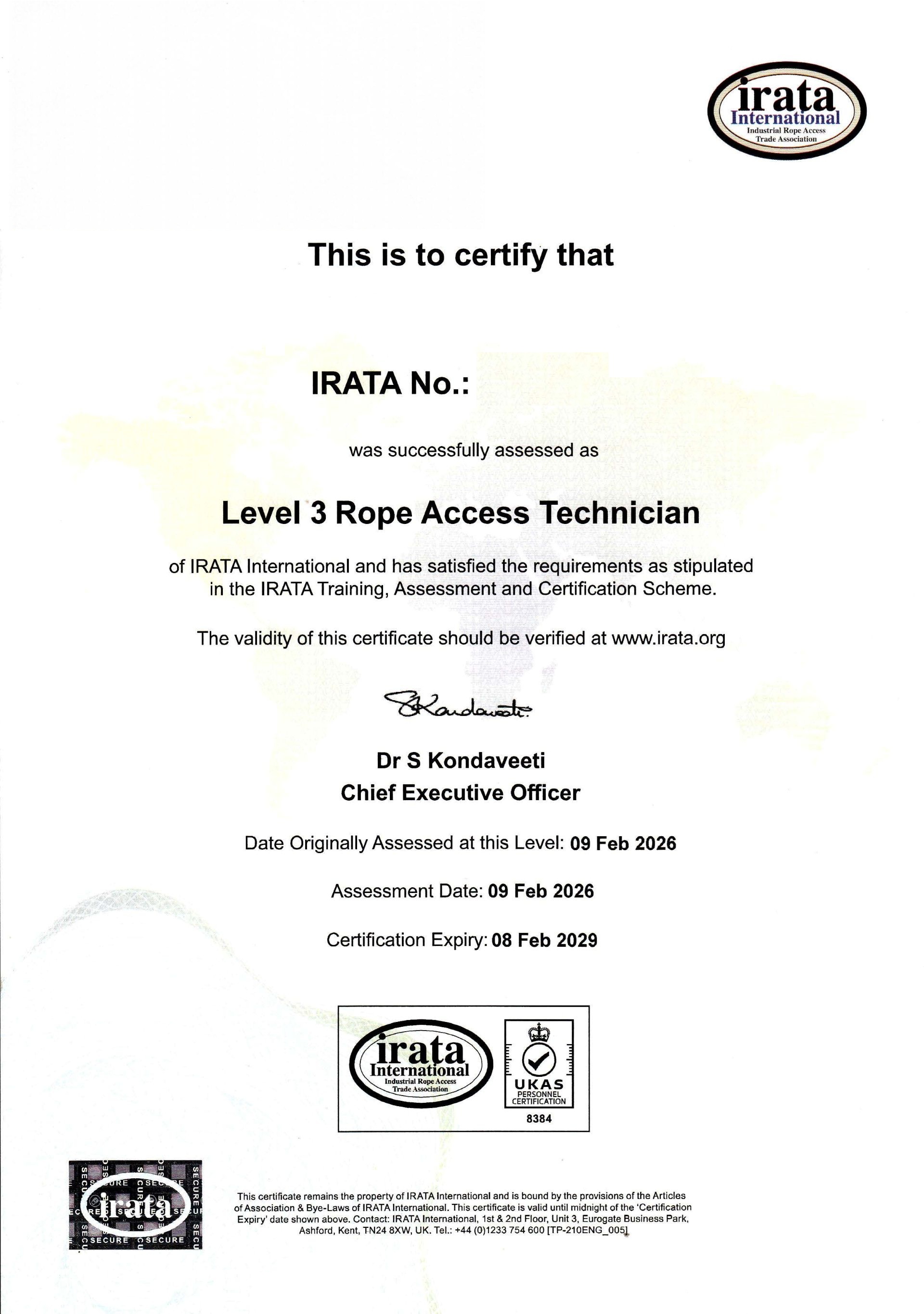 IRATA Level 3 Rope Access Technician Qualification
